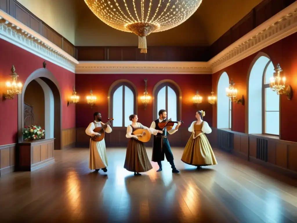 Imagen detallada de una sala de baile renacentista con músicos y bailarines elegantes, capturando la esencia de la Instrumentación de la Baja Danza renacentista