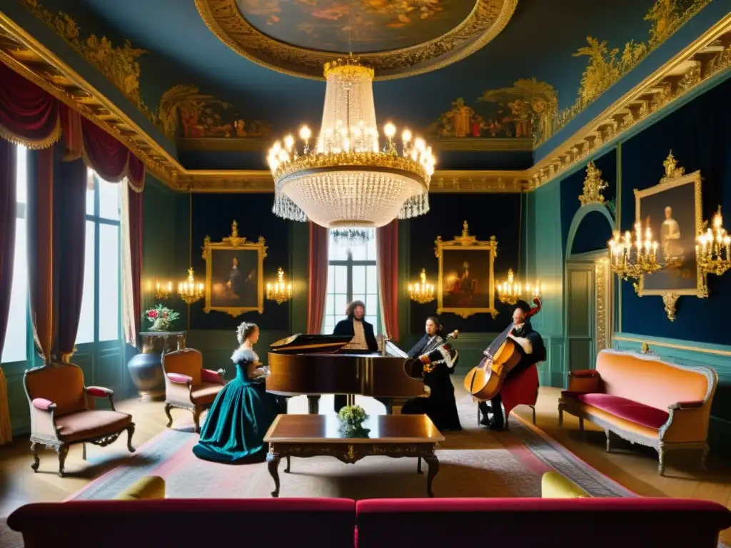 Imagen detallada de un salón musical europeo del siglo XVII con tiorba, muebles elegantes y atmósfera de opulencia