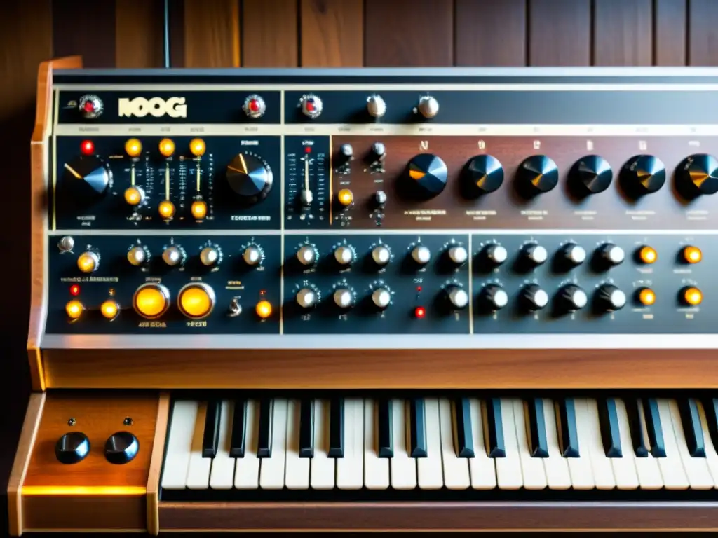 Una imagen detallada de un sintetizador Moog vintage, con sus intrincados botones, diales y cables de conexión