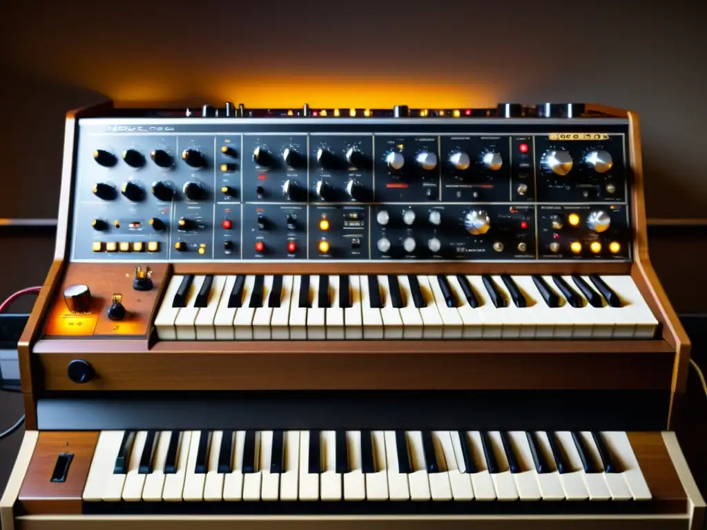 Imagen detallada de un sintetizador vintage Moog, con luz cálida resaltando su diseño retro y componentes analógicos