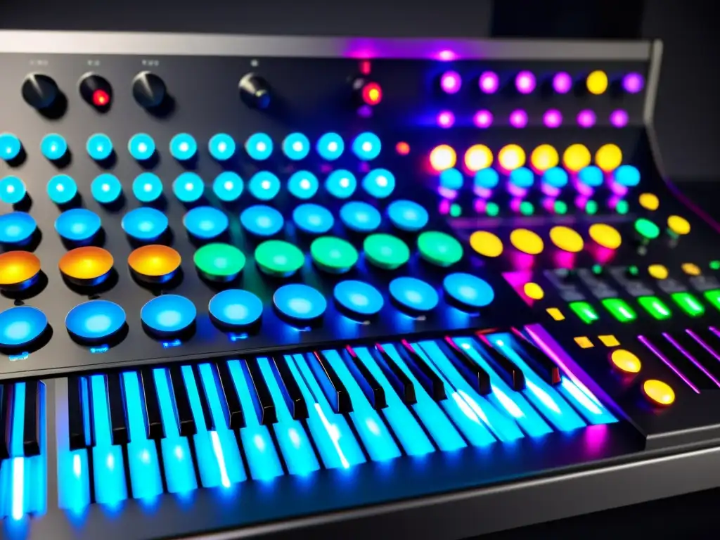 Una imagen detallada de un sintetizador modular futurista con botones y pantallas LED coloridas, mostrando la tecnología avanzada detrás de los instrumentos musicales modernos transformación