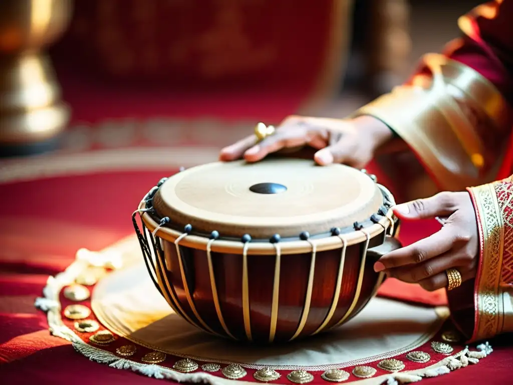 Una imagen detallada de una tabla, un instrumento de percusión tradicional hindú, con intrincados diseños y carvings