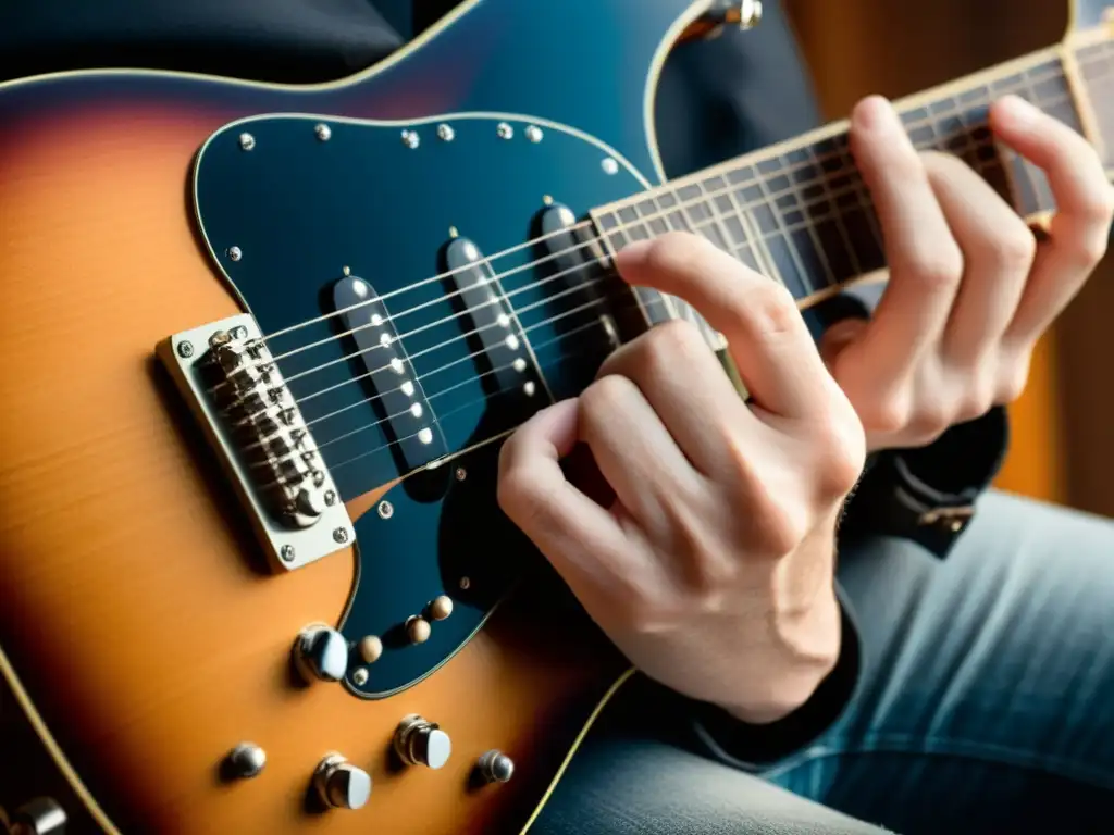 Una imagen detallada de la técnica palm mute en la guitarra eléctrica, mostrando la precisión y control del guitarrista sobre las cuerdas