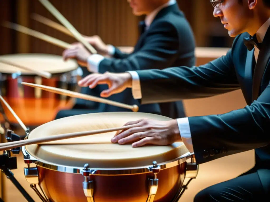 Imagen detallada de un timbal de orquesta con las manos del timbalista en movimiento, destacando las técnicas de timpanistas en percusión sinfónica