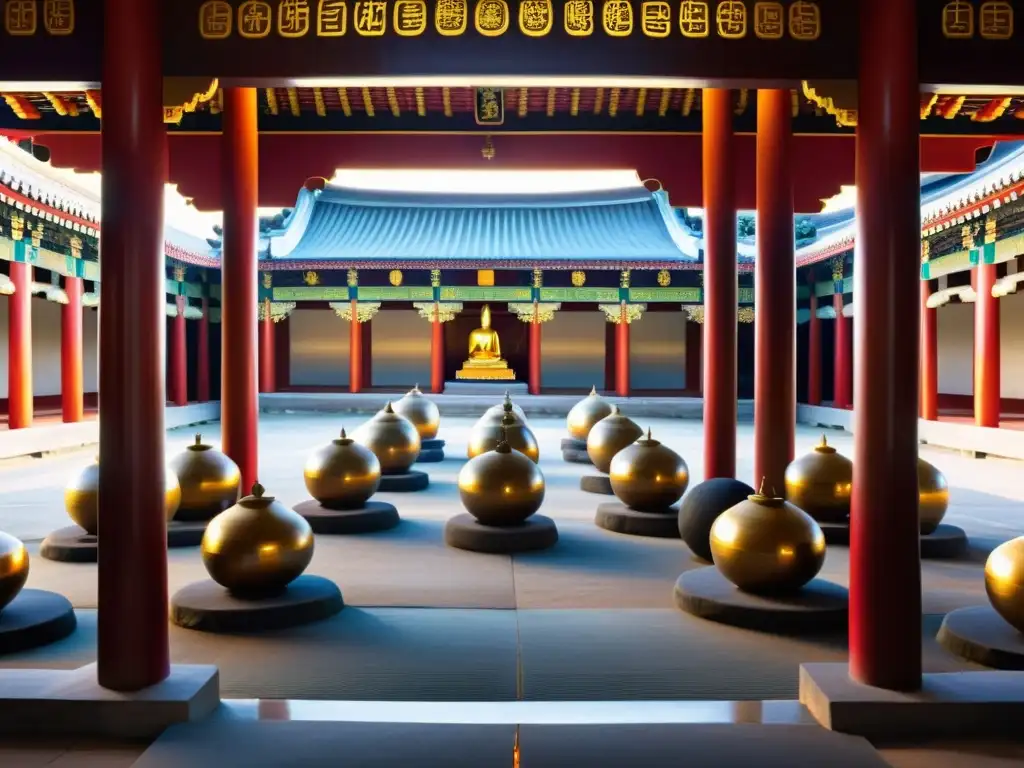 Imagen detallada de un tranquilo patio de un templo budista con resonantes gongs y adoradores meditativos