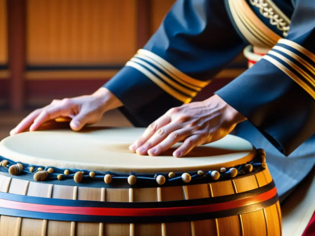 Imagen detallada del tsuzumi japonés tocado durante una actuación teatral, resaltando la historia y sonido del instrumento