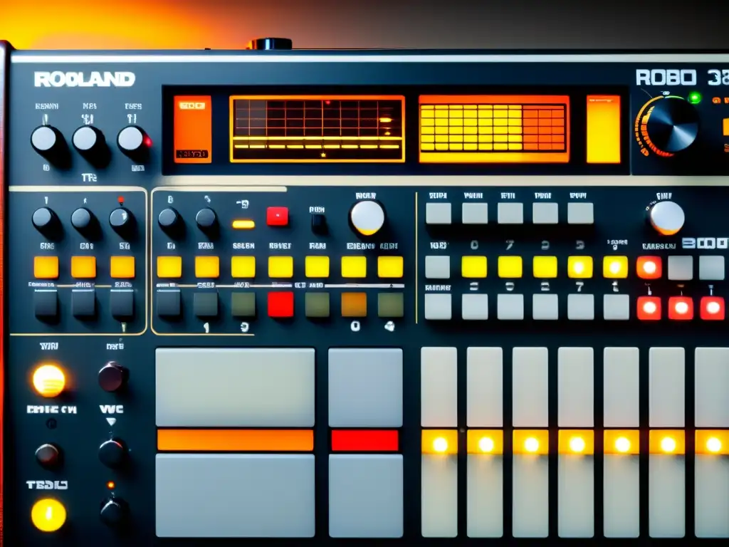 Una imagen detallada de una vintage Roland TR808 con desgaste, rodeada de equipo musical