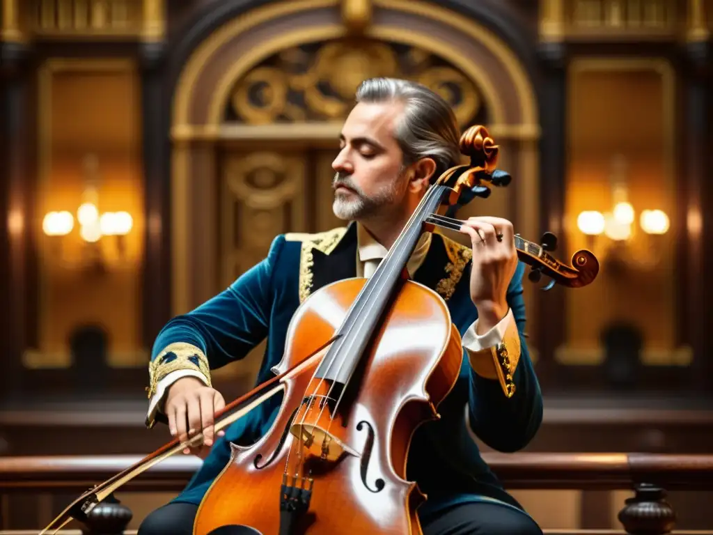 Una imagen detallada en 8k de una viola da gamba vintage en un escenario barroco iluminado por velas