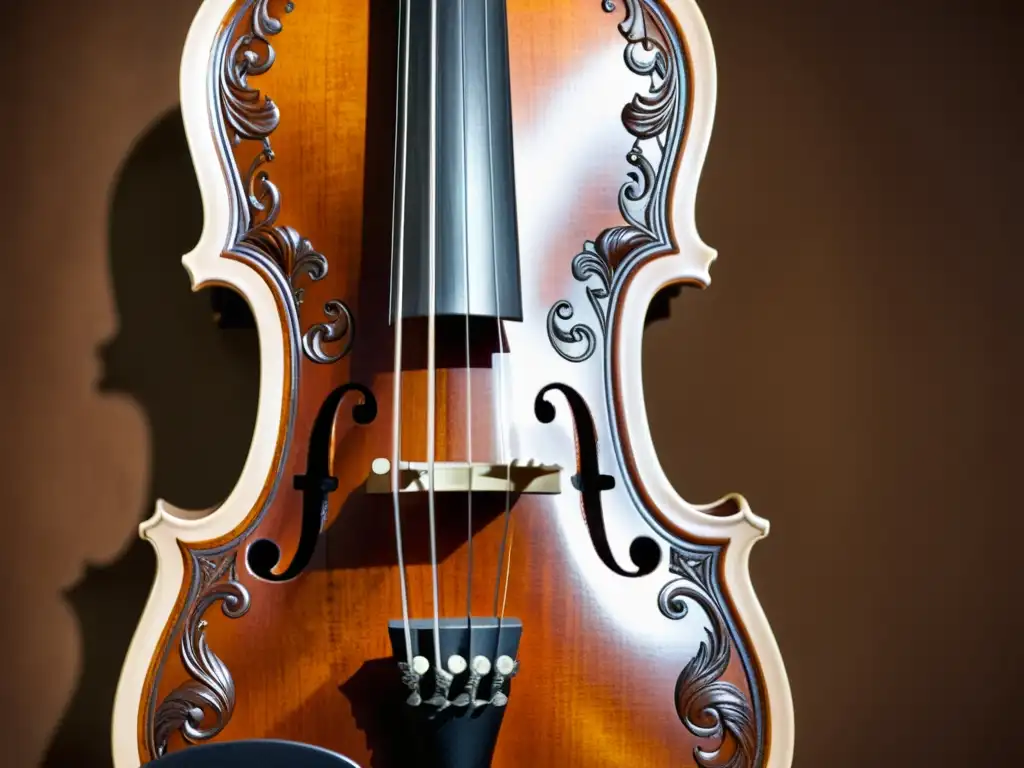 Imagen detallada de un violín barroco con ornamentación y cuerdas, resaltando la artesanía y belleza de la música de esa época