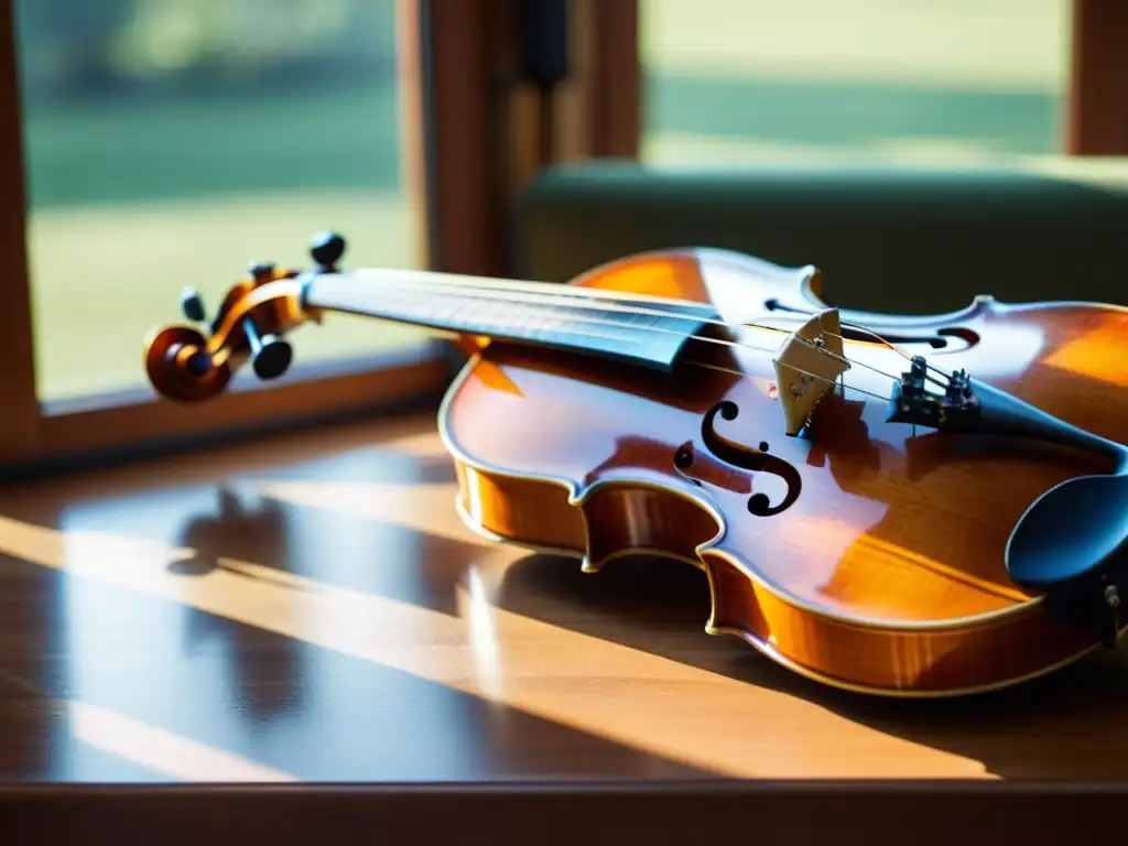 Una imagen detallada de un violín y una guitarra lado a lado en una mesa de madera, iluminados por luz natural