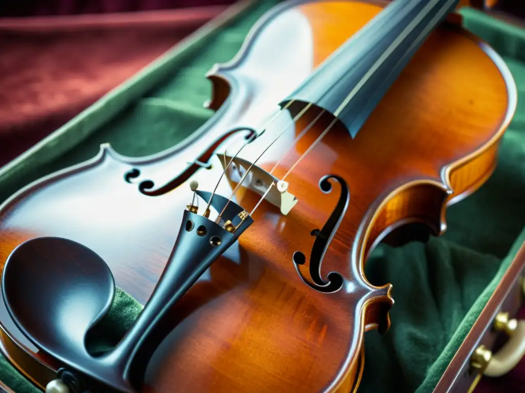 Una imagen detallada en 8k de un violín vintage de la era romántica, resaltando su artesanía y patina en una cálida iluminación natural