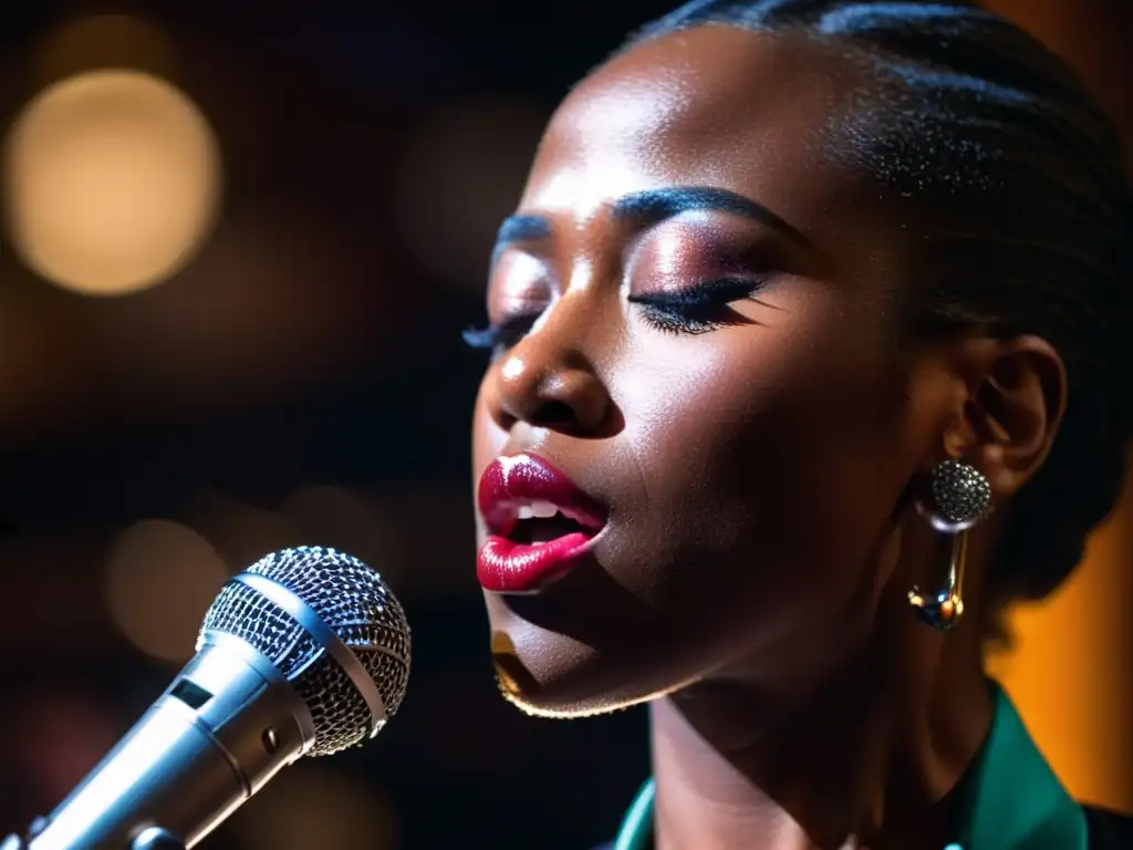 Imagen detallada de un vocalista de jazz improvisando scat, mostrando pasión y técnica en un club de jazz tenue