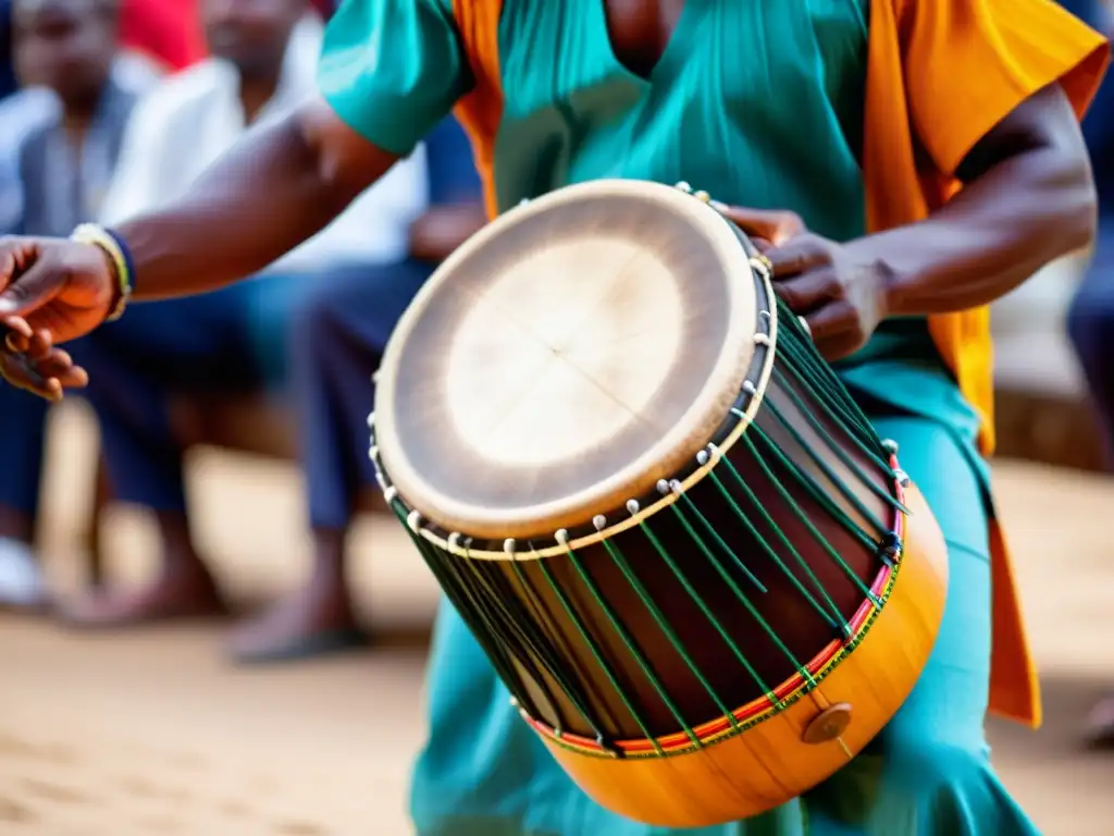 Tambor parlante Yoruba historia: Imagen detallada de un tambor Yoruba en una ceremonia tradicional, con colores vibrantes y ritmo hipnótico