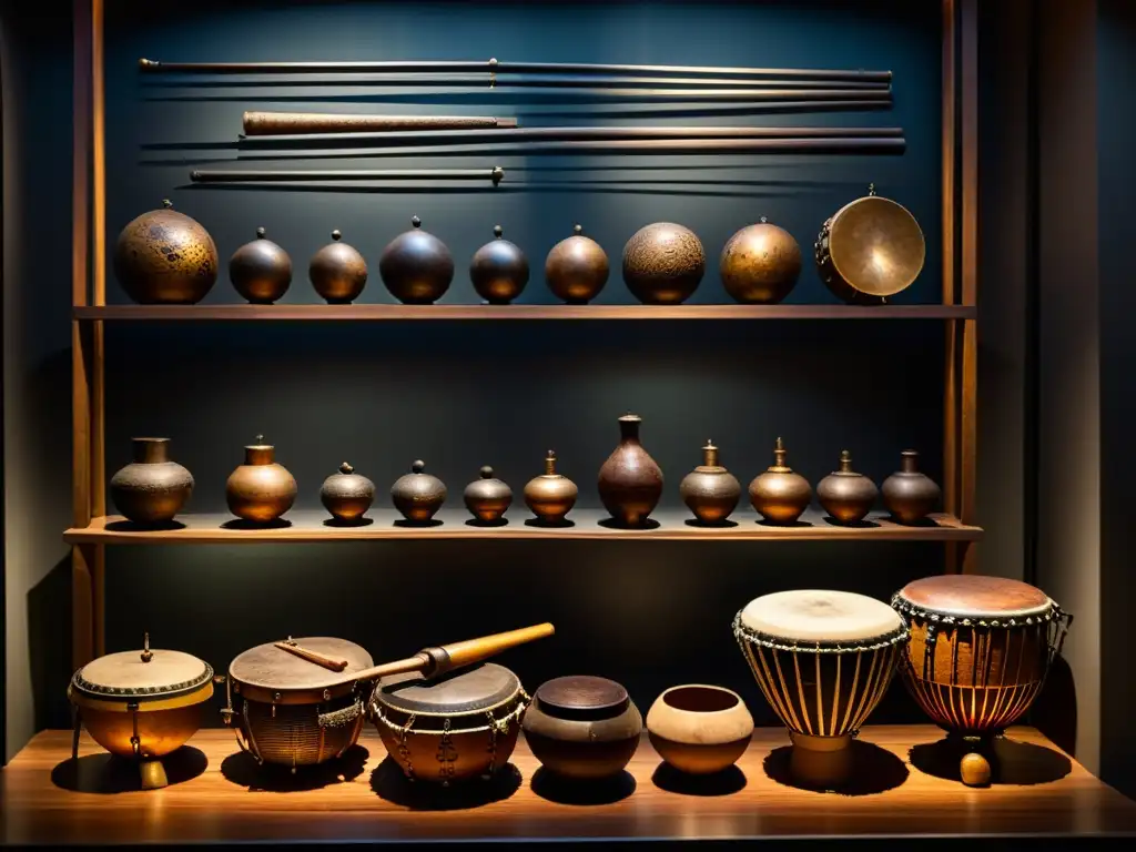 Una imagen documental de alta resolución muestra antiguos instrumentos de percusión en un museo, destacando su importancia histórica y artesanal