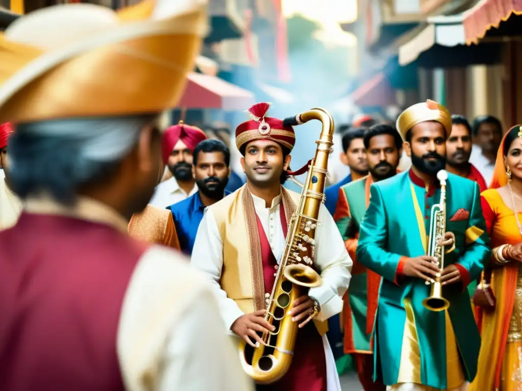 Una imagen documental de una colorida procesión de boda india con un músico de shehnai liderando el camino