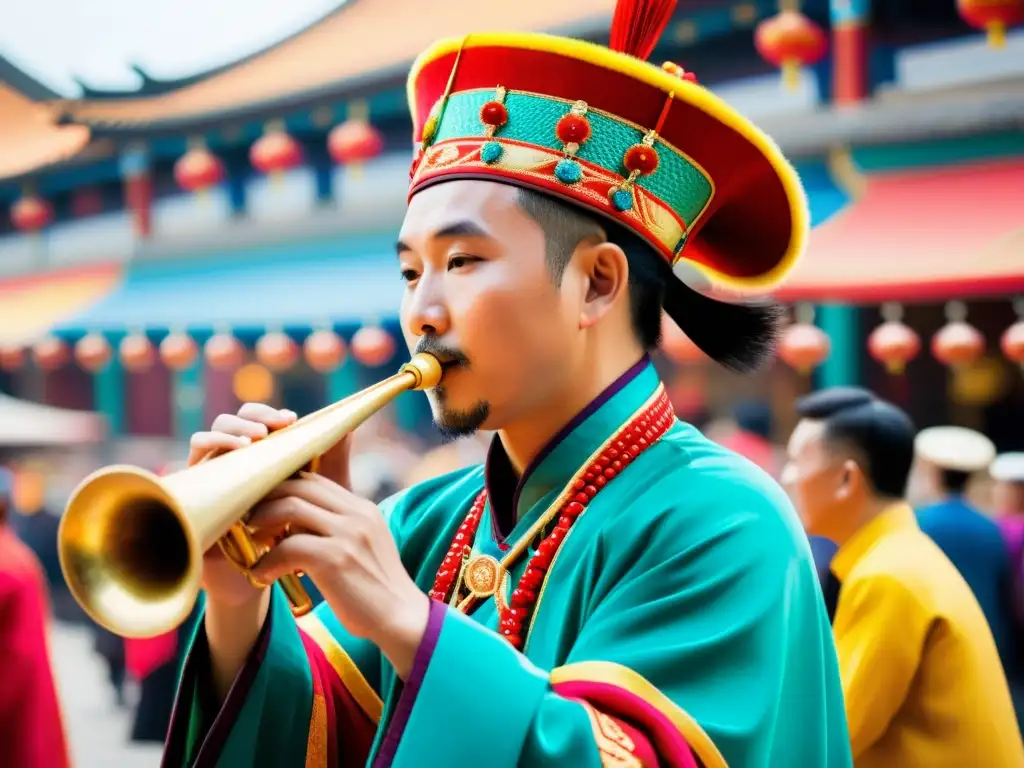 Imagen documental de músico tocando corneta china en mercado vibrante, mostrando historia y relevancia cultural