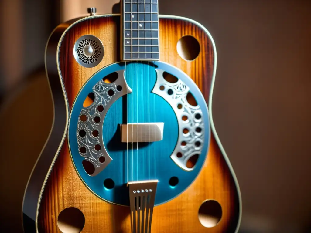 Imagen documental de una guitarra resonadora vintage con slide de acero, detallando la madera envejecida, los trastes y los dedos del músico