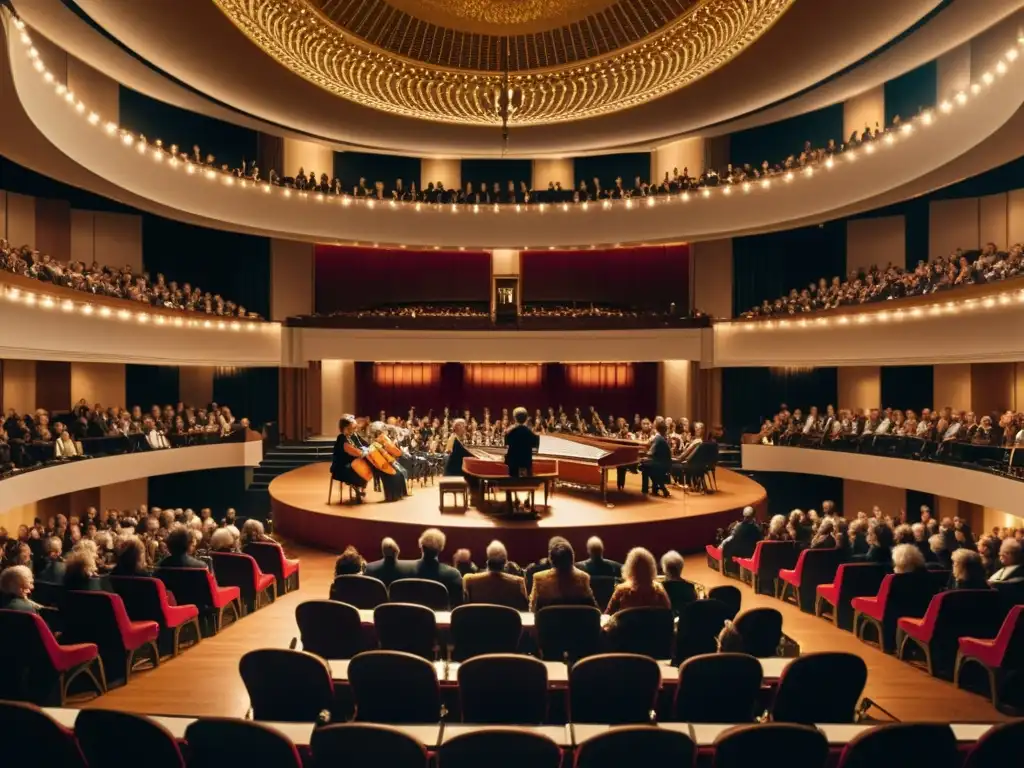 Una imagen documental de un majestuoso salón de conciertos con un címbalo en el centro, rodeado de músicos de época y una audiencia elegante, capturando la historia y relevancia cultural del címbalo