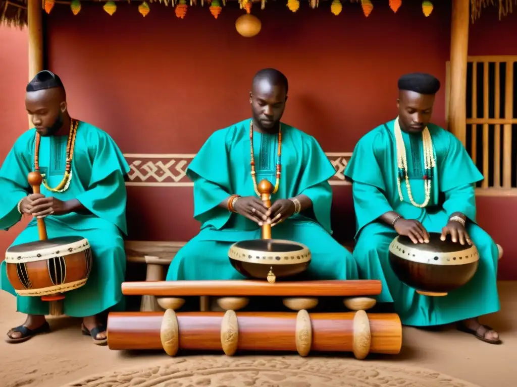 Imagen documental de músicos africanos tocando el balafón en un ritual tradicional