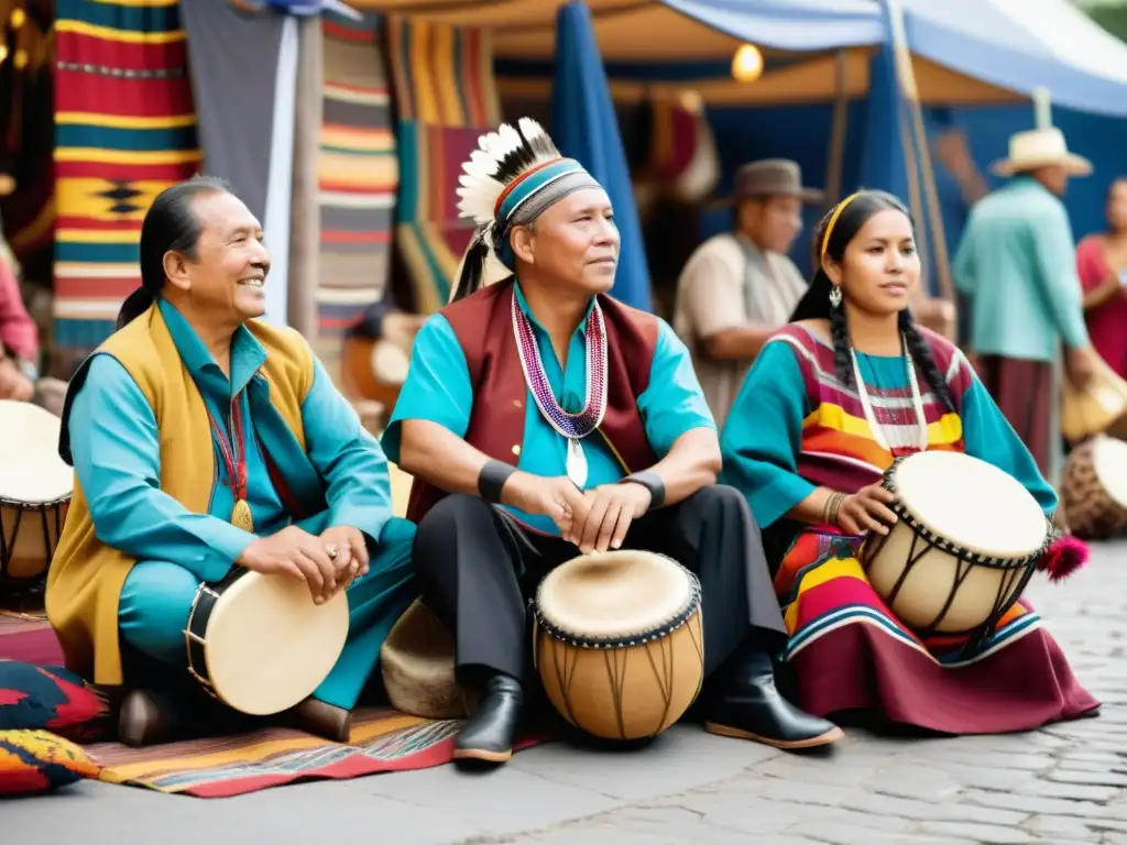 Imagen documental de músicos indígenas tocando instrumentos musicales nativos en un bullicioso mercado global, rodeados de textiles vibrantes y una multitud diversa