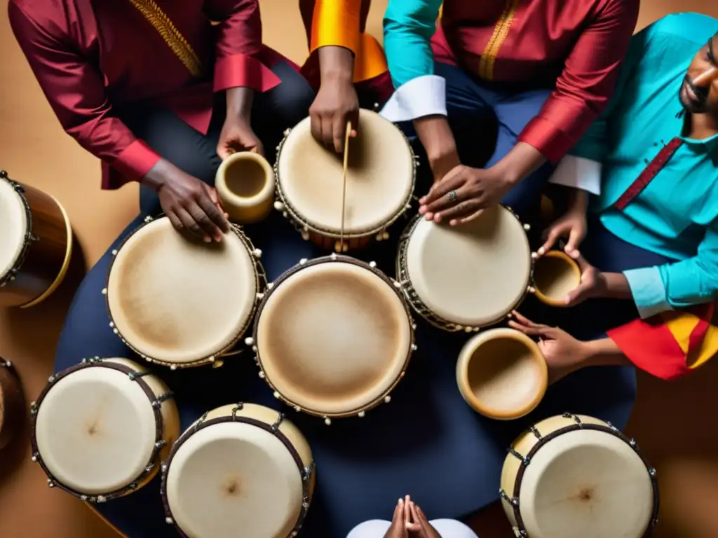 Una imagen documental de músicos tocando instrumentos de percusión de diversas culturas, transmitiendo pasión y ritmo