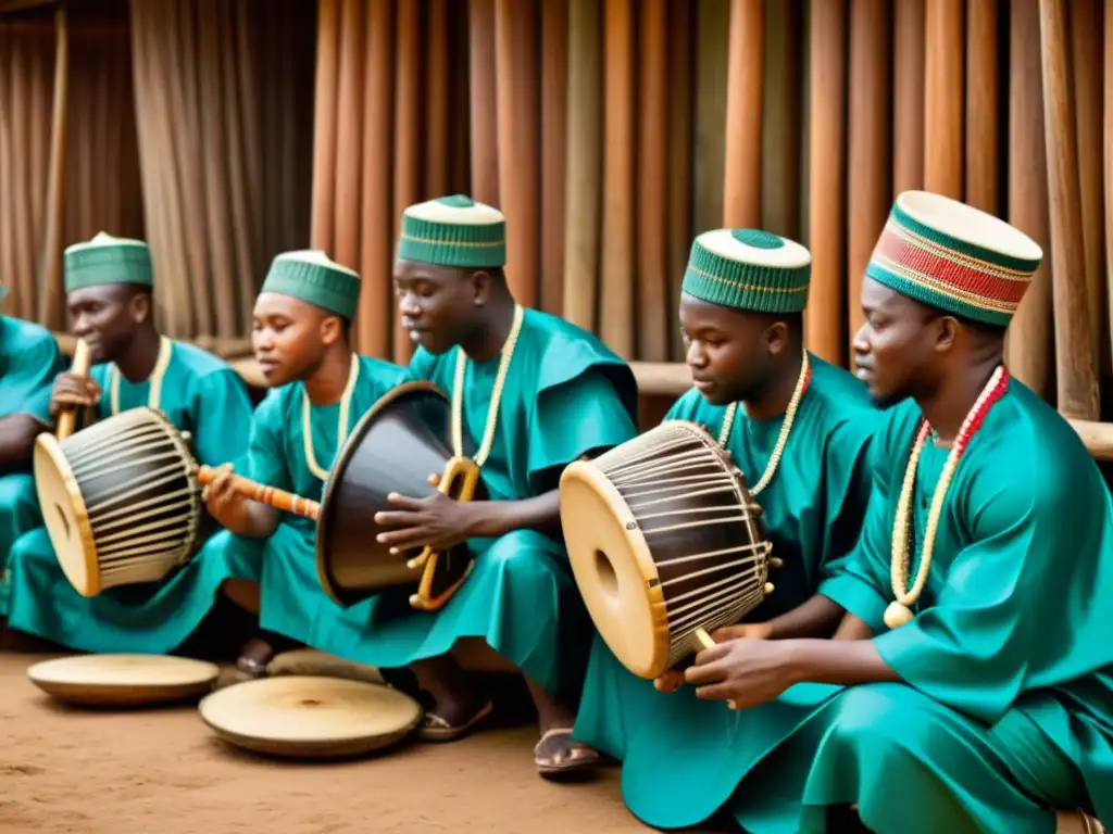 Imagen documental de músicos nigerianos tocando el Agidigbo en un entorno tradicional, resaltando la importancia cultural del Agidigbo nigeriano