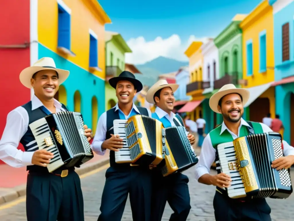 Festival Vallenato: Músicos tradicionales en Valledupar Una imagen documental de músicos tradicionales de Vallenato tocando acordeón, guacharaca y caja en Valledupar durante el Festival Vallenato, mostrando la pasión y la energía de la música y la rica herencia cultural
