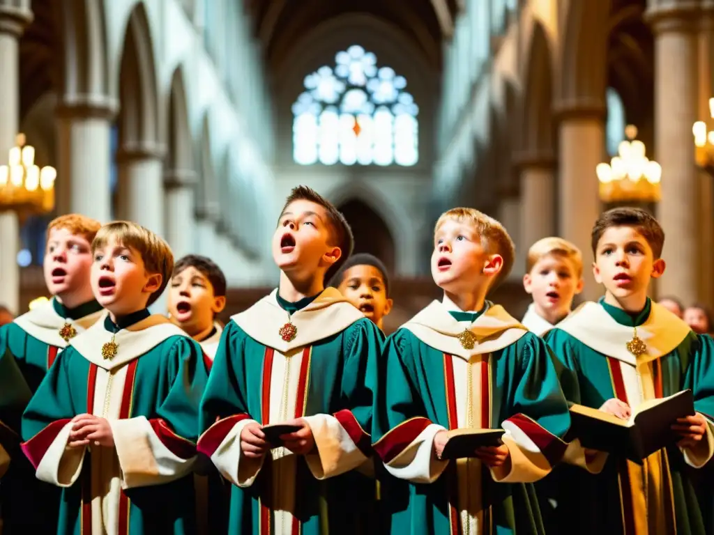 Imagen documental de niños en trajes renacentistas, cantando en una catedral histórica