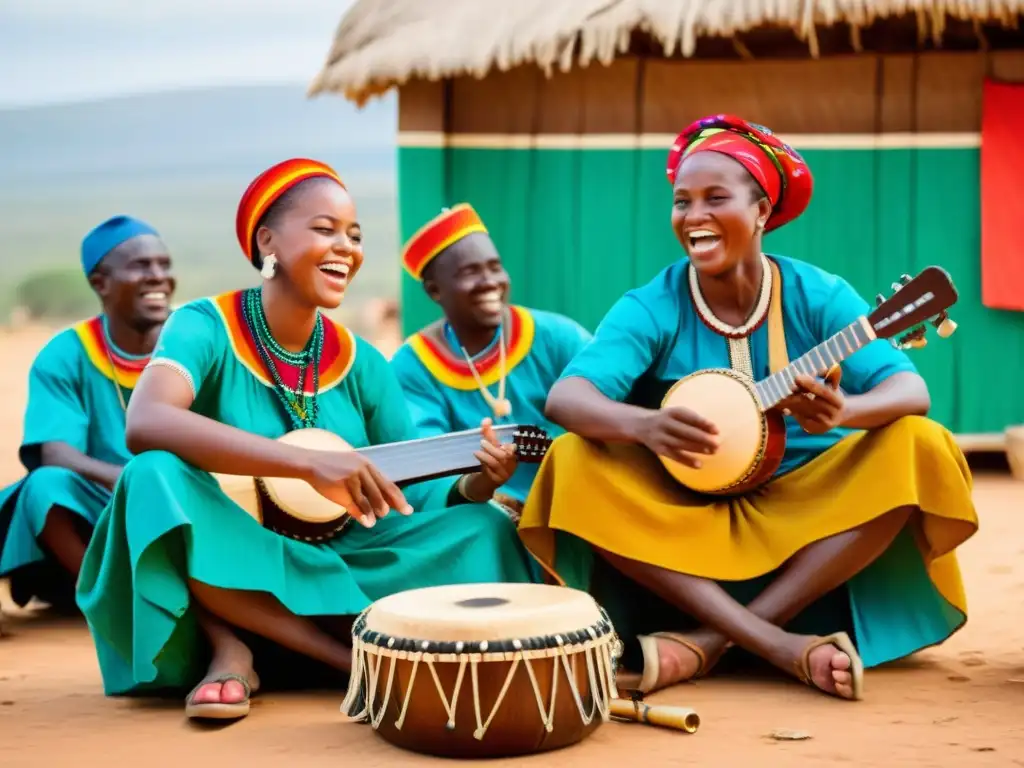 Una imagen documental de alta resolución de un alegre encuentro en una aldea africana, con músicos tocando el balafón en el centro de la escena