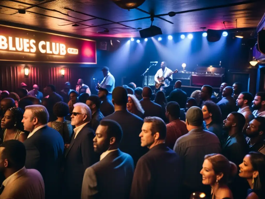 Una imagen documental de alta resolución de un concurrido club de blues en Chicago, con una banda en el escenario y el público inmerso en la música