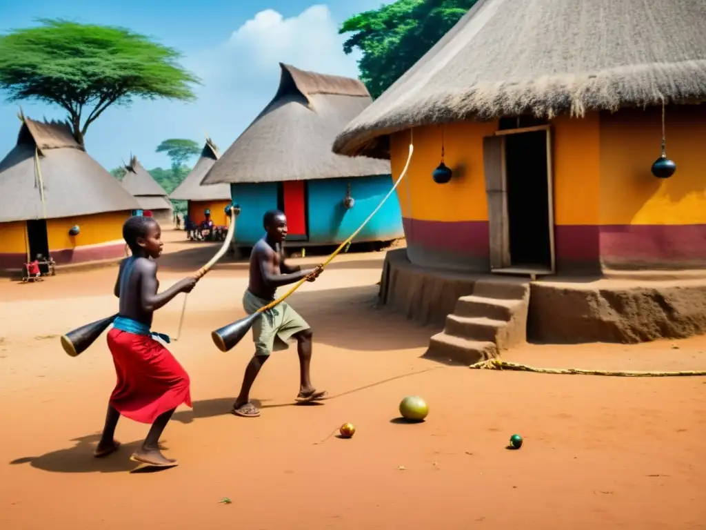 Una imagen documental de alta resolución muestra la historia del berimbau africano en una aldea tradicional