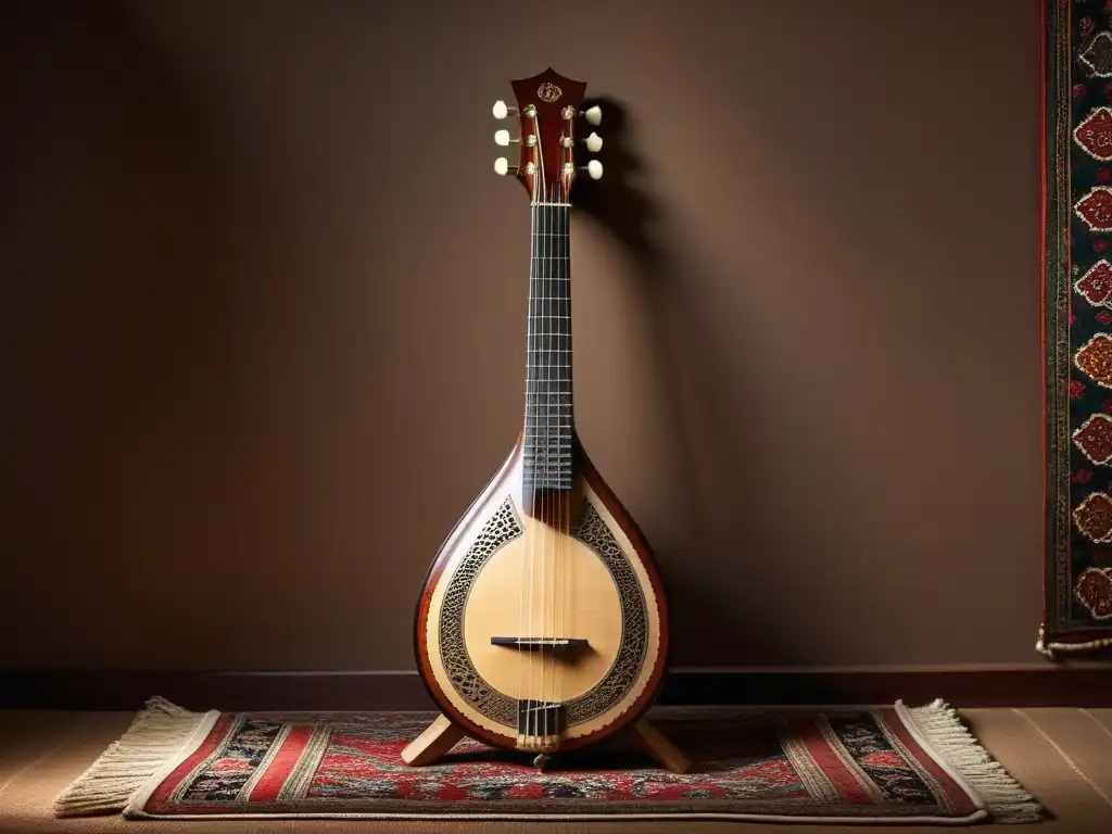 Una imagen documental de alta resolución de un tradicional Saz turco exhibido en una habitación ricamente decorada y con poca luz