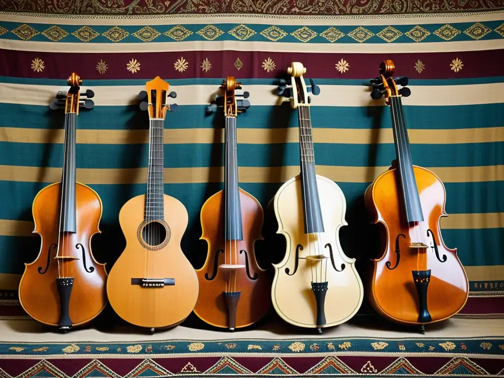 Una imagen documental en alta resolución muestra una variedad de instrumentos musicales tradicionales del mundo sobre un tapiz ricamente decorado