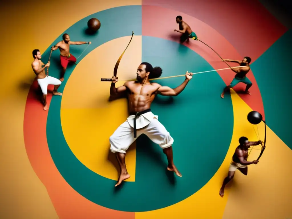 Imagen documental de una roda de Capoeira tradicional con músicos tocando el berimbau y otros instrumentos