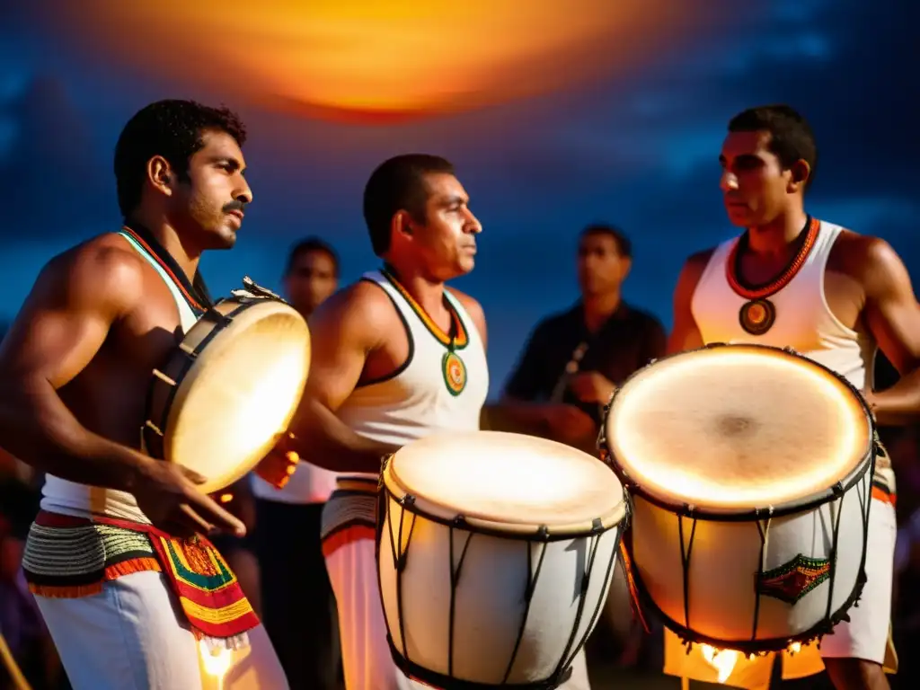 Imagen documental de tamborileros uruguayos, iluminados por una fogata durante celebración de Candombe