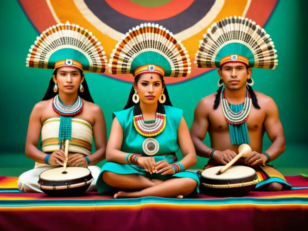 Imagen documental de una vibrante actuación de música prehispánica maya, con músicos y espectadores, capturando la cosmovisión ancestral