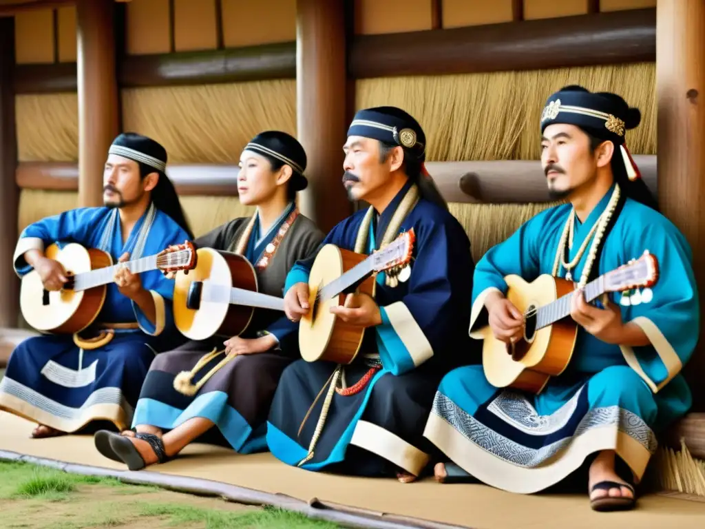 Imagen de una emotiva actuación musical tradicional Ainu en Japón, con músicos y coloridos instrumentos musicales tradicionales Ainu