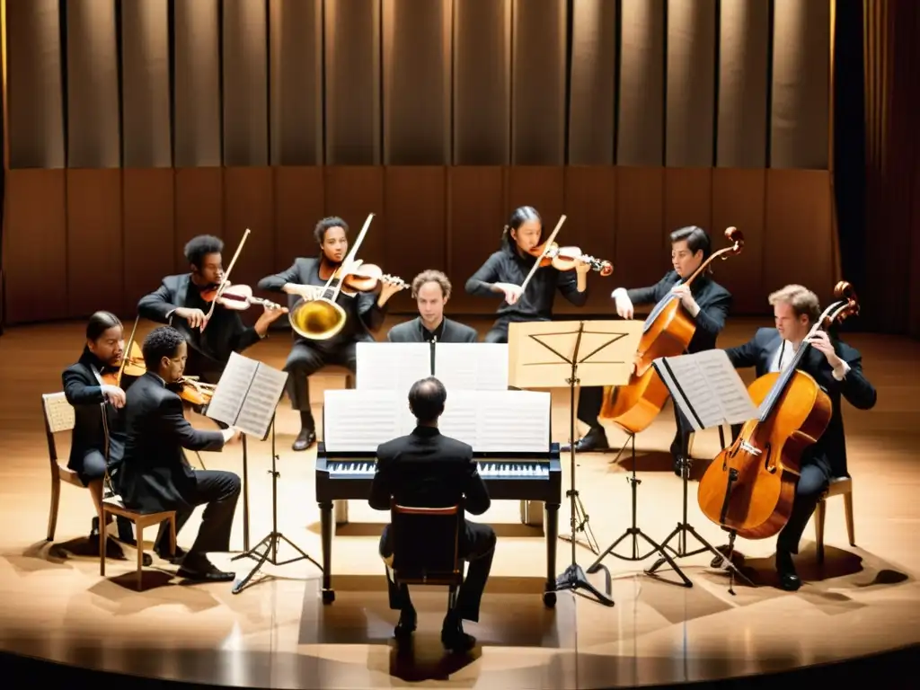 Imagen de ensemble de música de cámara integrando técnicas de viento con pasión y colaboración artística en un contexto profesional y educativo