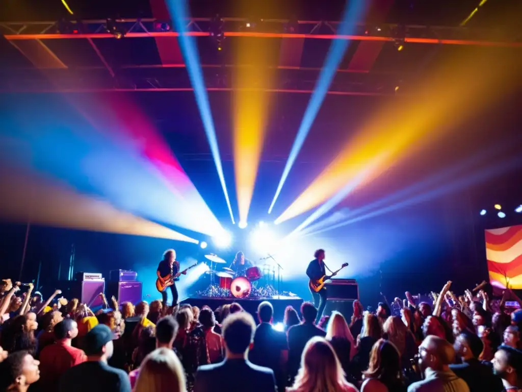 Imagen de un escenario de música en vivo, capturando la energía vibrante de la actuación con luces dinámicas y músicos apasionados