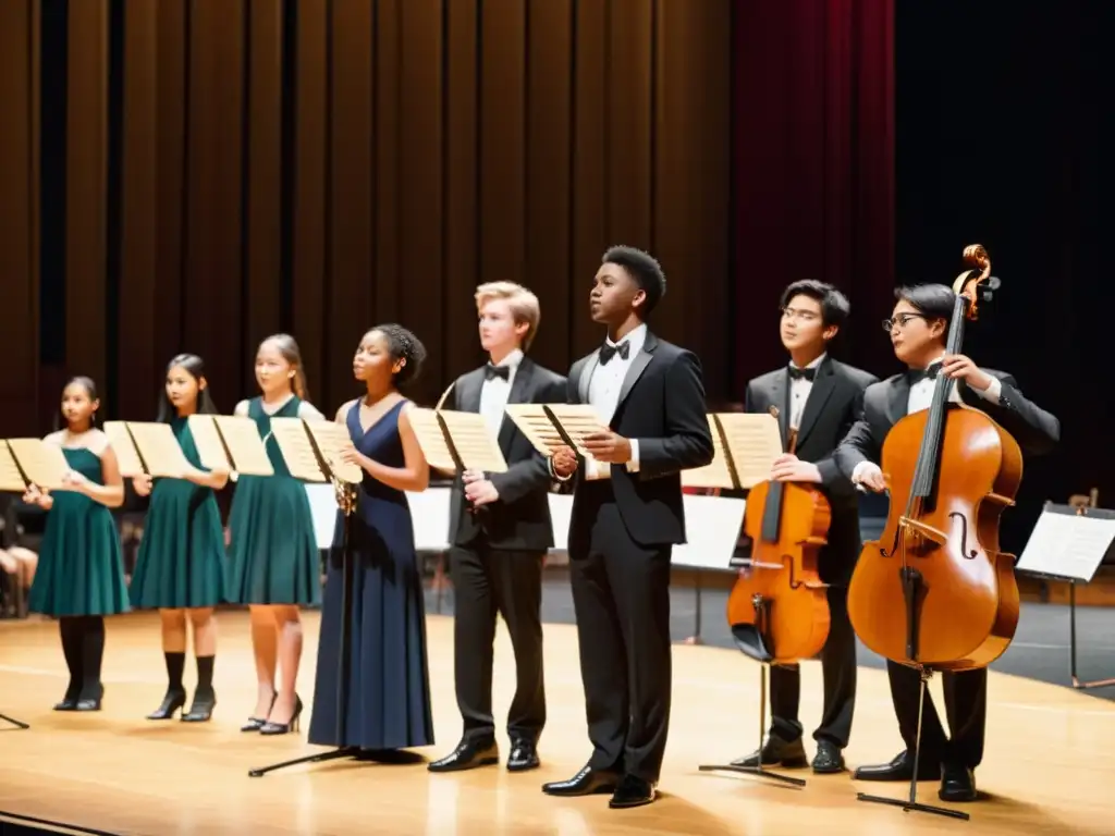 Imagen de estudiantes de orquesta escolar en el escenario, mostrando dedicación y pasión por la música