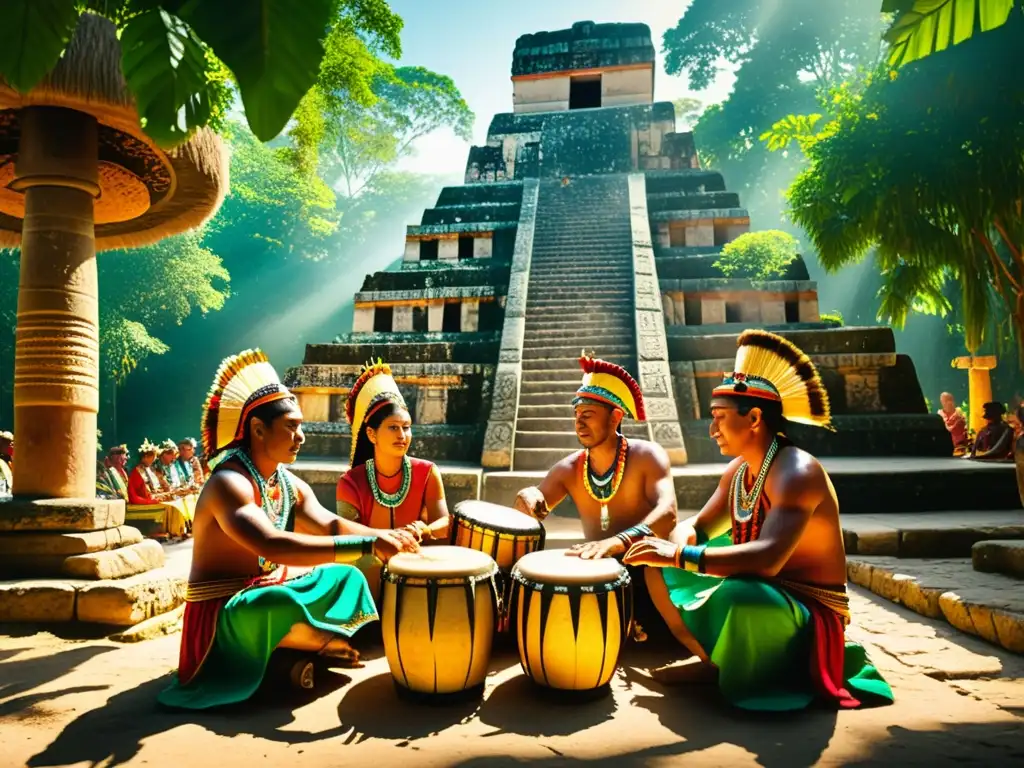 Imagen fascinante de antiguos músicos mayas tocando tambores y percusiones en una ceremonia, rodeados de naturaleza y ruinas ancestrales, evocando la historia de tambores y percusiones en culturas antiguas