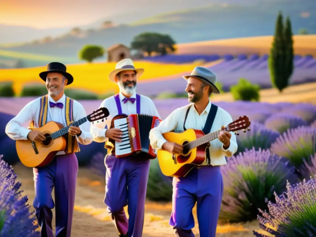 Imagen del Festival de la Lavanda Provenza con músicos tradicionales interpretando melodías folklóricas al atardecer entre campos de lavanda