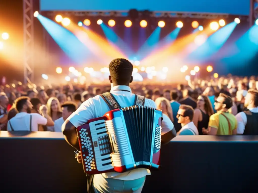 Una imagen de un festival de música con músicos diversos en escena, destacando un entusiasta acordeonista