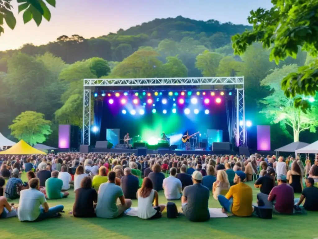 Imagen de un festival de música sostenible al aire libre con música, naturaleza y comunidad unidas