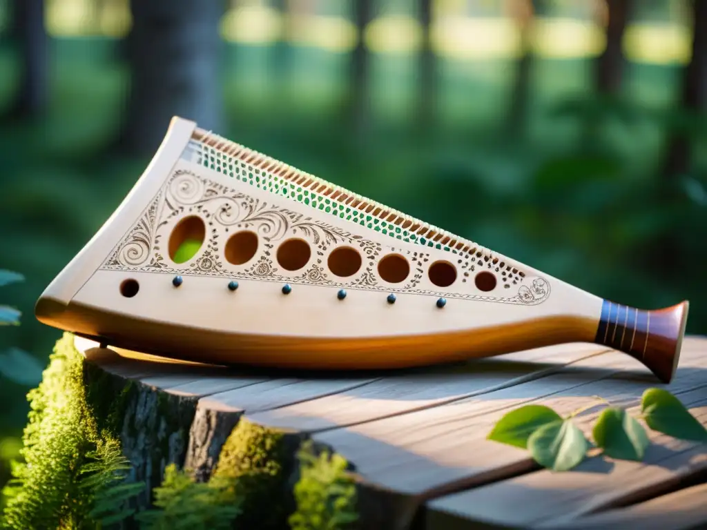 Una imagen de alta resolución de una kantele finlandesa tradicional, con tallados intrincados y cuerdas delicadas de madera de abedul y tripa animal