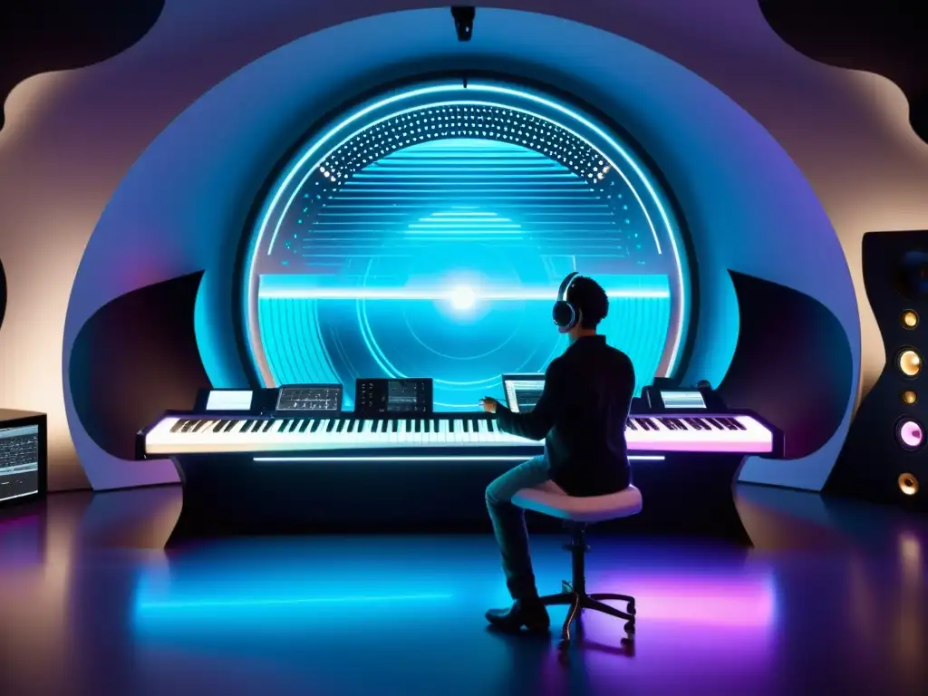 Imagen futurista de un estudio musical con instrumentos adaptados a tendencias, fusionando música, tecnología e innovación