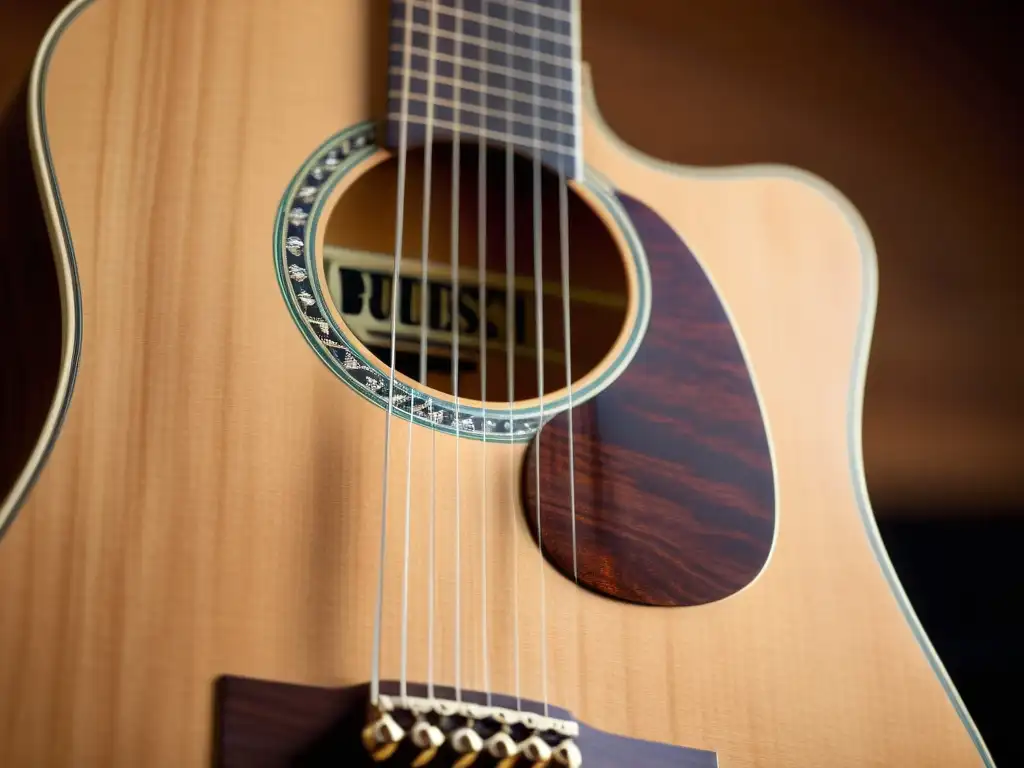 Imagen de una guitarra acústica con micrófono discreto integrado, un ejemplo armonioso de técnicas de grabación discreta instrumentos