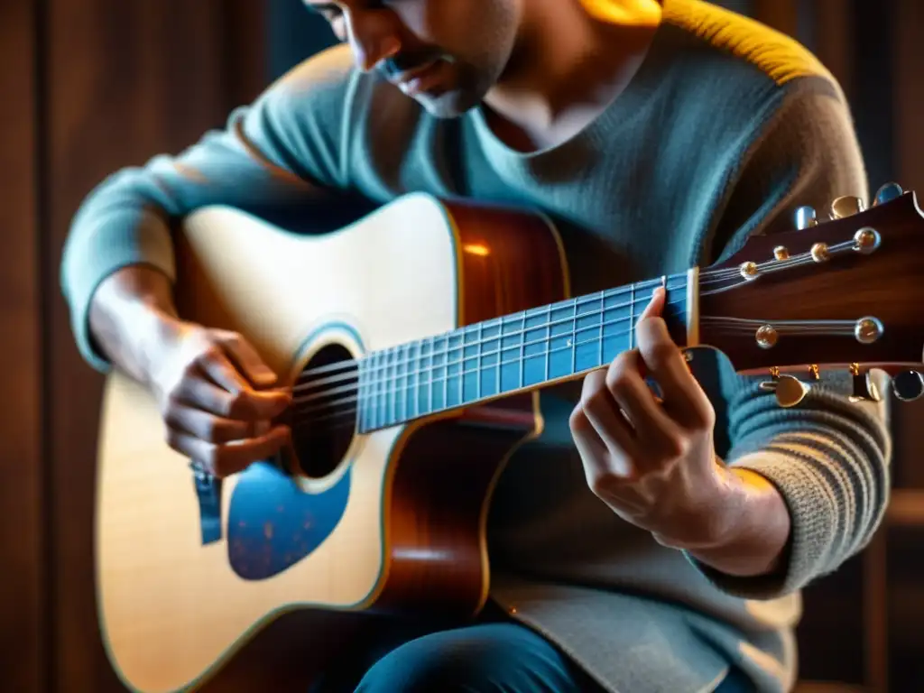 Imagen 8k de una guitarra acústica tradicional tocada en un ambiente íntimo