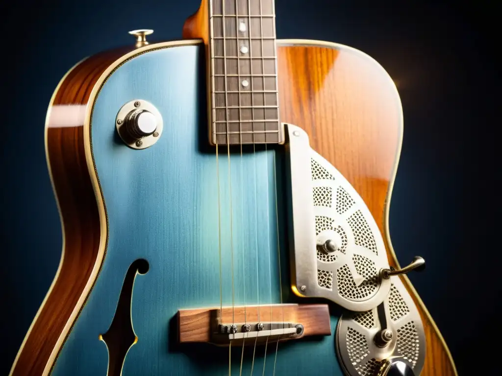 Imagen de una guitarra resonadora vintage iluminada por un foco, con un slide de acero sobre el diapasón