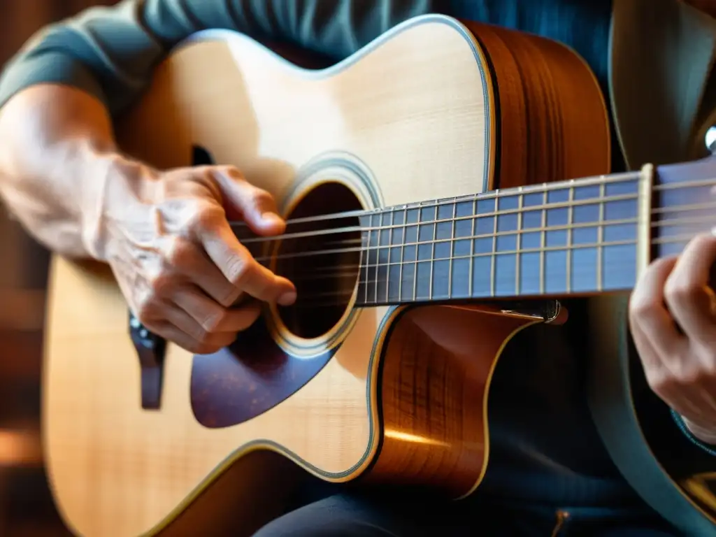 Imagen de un guitarrista ejecutando técnicas de improvisación avanzada en una guitarra acústica, mostrando destreza y pasión por la música